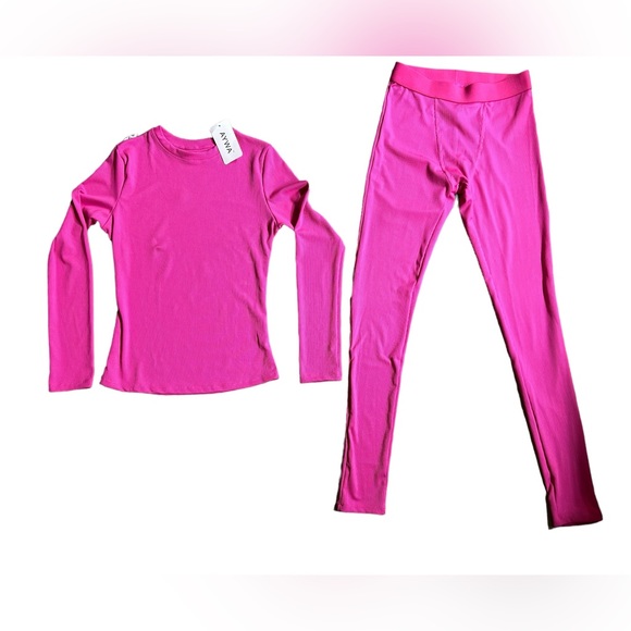 AYWA Women's 2 Piece casual matching fitted Outfit Ribbed Long Sleeve Leggings - Picture 2 of 7